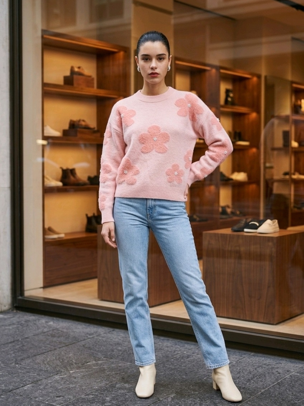 Nanette Lepore Pink Floral Beaded Sweater Coquette